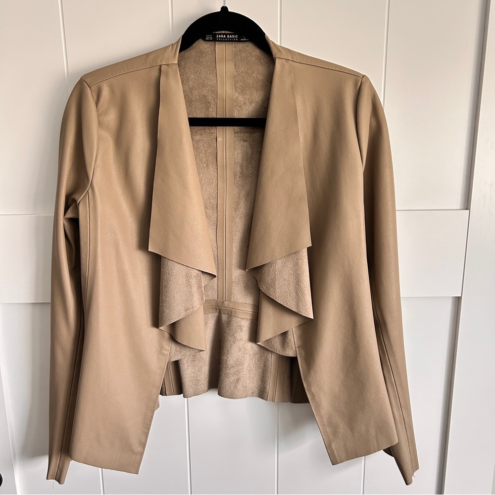 Zara Tan Faux Leather Blazer Elegant Waterfall Design